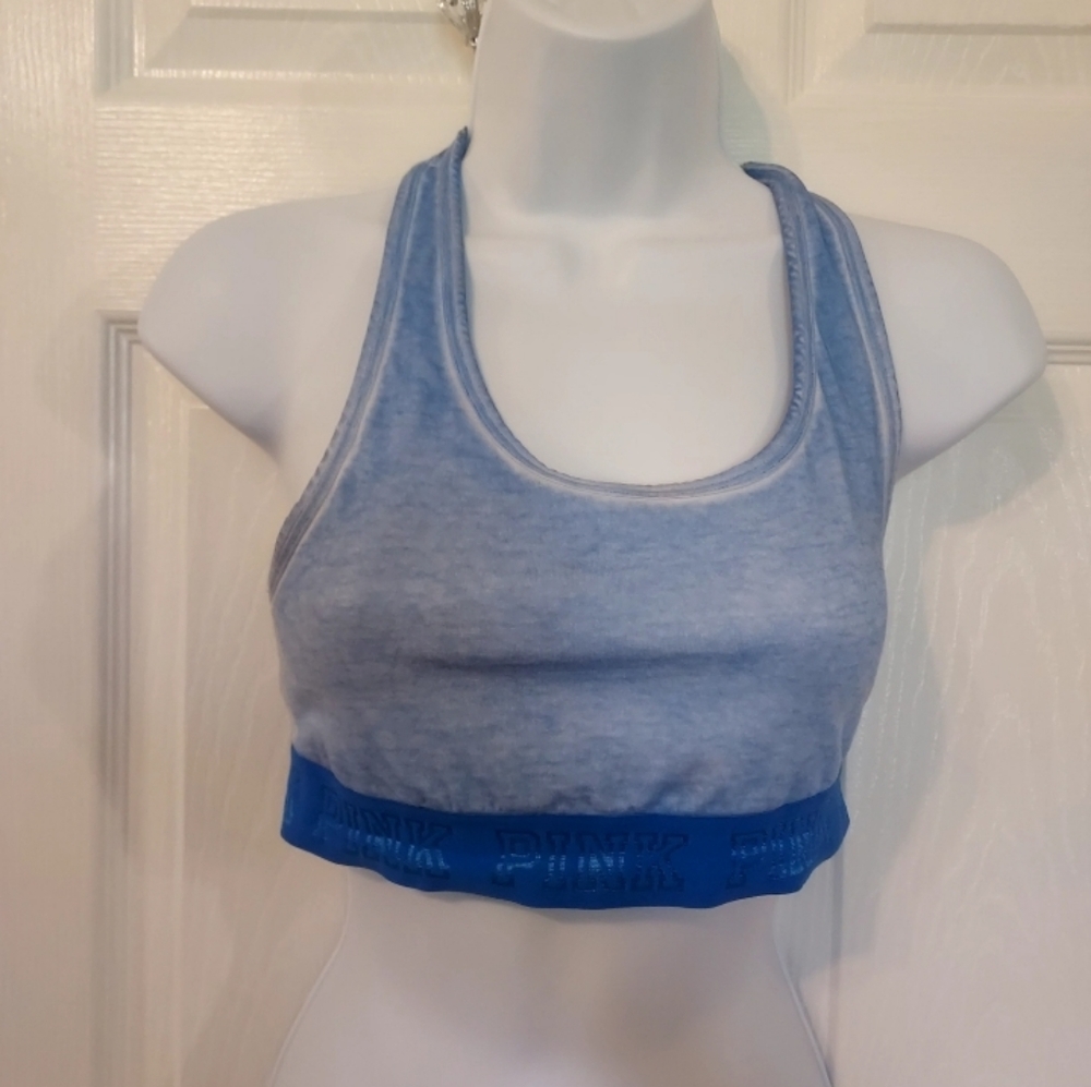 Pink Victoria Secrets Sports Bra Medium Distressed Blue Preppy Casual Sporty